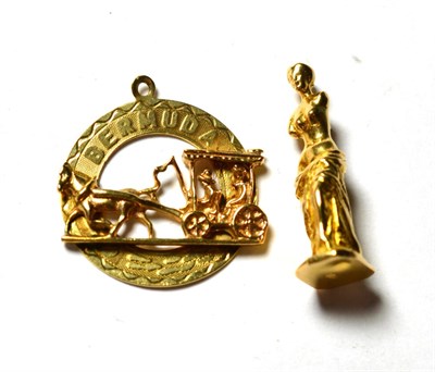 Lot 193 - A charm/pendant of the Venus de Milo stamped 'K18'; and a pendant depicting a horse and...