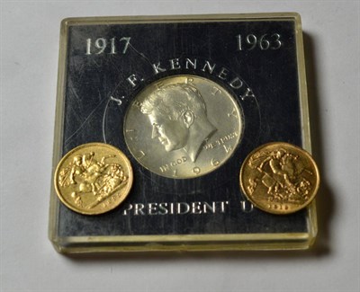 Lot 196 - Two gold half sovereigns 1913 and 1895; and a silver coin for J F Kennedy