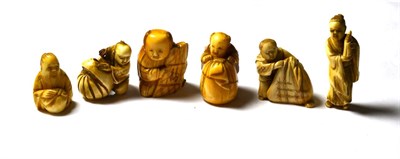 Lot 197 - A collection of six Japanese ivory figural netsuke, Meiji period (1868-1912) various including...