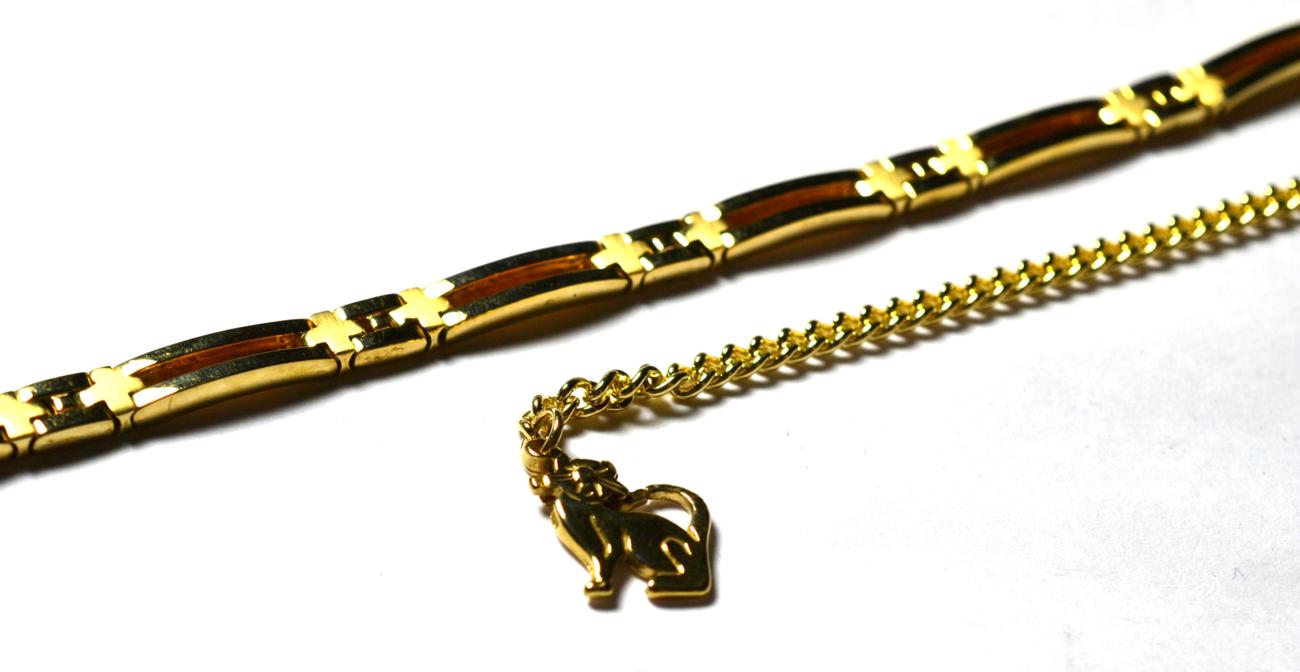 Lot 203 - A 9 carat gold fancy link bracelet, length 21cm; and a 9 carat gold curb bracelet with a cat shaped