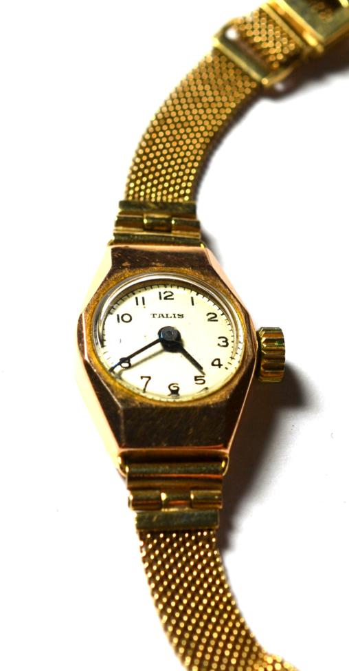 Lot 205 - A lady's 9 carat Talis wristwatch on mesh strap, stamped