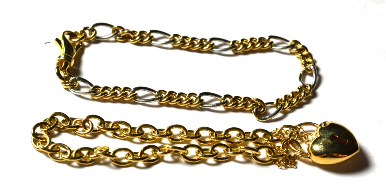 Lot 209 - A 9 carat two colour gold figaro link bracelet, length 19.5cm and a 9 carat gold trace link and...
