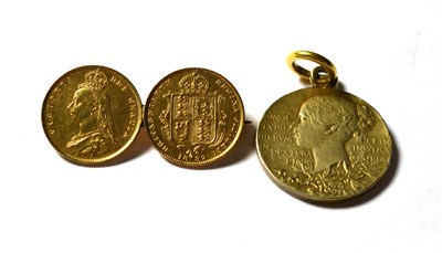 Lot 211 - A double half shield back sovereign brooch; and a Queen Victoria medallion