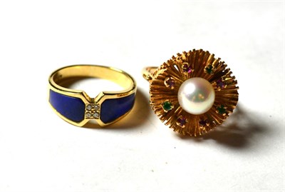Lot 212 - A lapis lazuli and diamond ring, stamped '14K' '585', finger size J; and a cultured pearl, ruby and