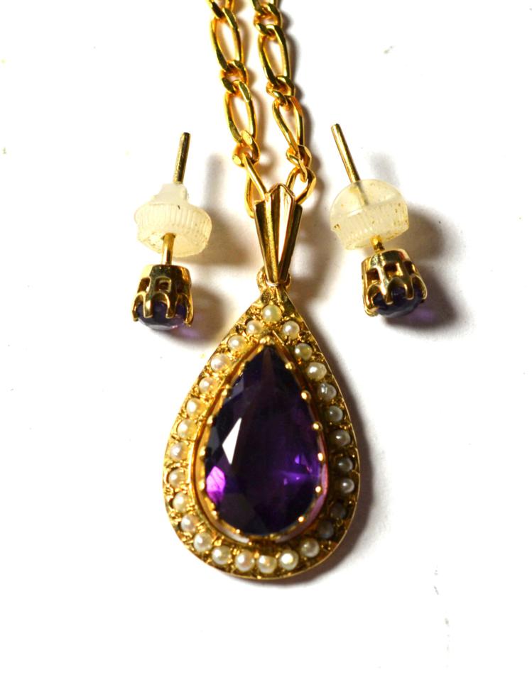 Lot 227 - A 9 carat gold amethyst and seed pearl pendant on chain, stamped '375', pendant length 3.2cm, chain