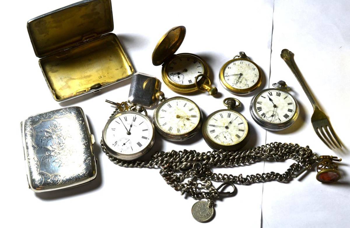 Lot 230 - Two silver cased pocket watches; two silver cigarette cases; various other pocket watches;...