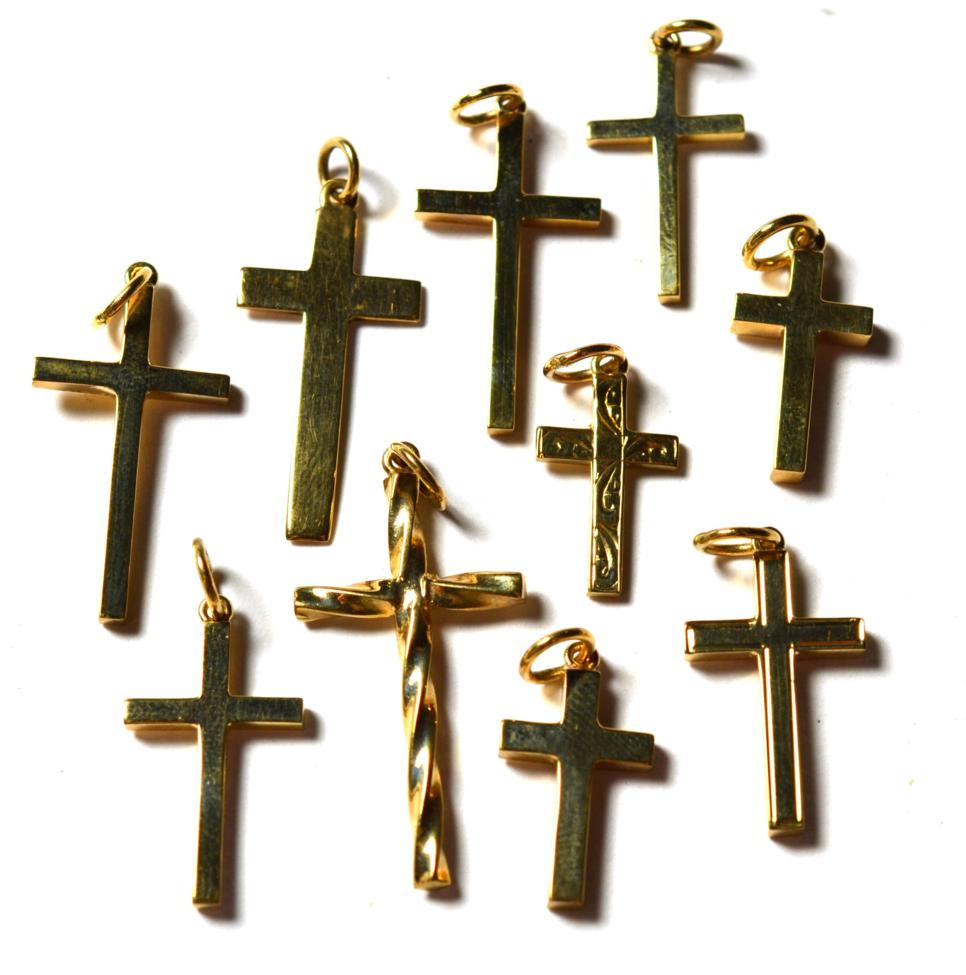 Lot 235 - Ten 9 carat gold cross charms/pendants, of varying designs and sizes(10)