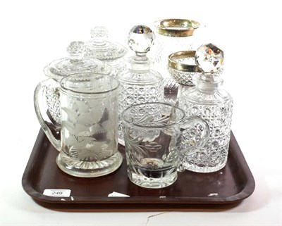 Lot 249 - Glass to include two 19th century etched mugs, a pair of cut glass sweet meat dishes and...