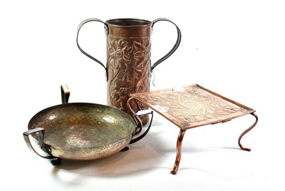 Lot 251 - Three pieces of Arts & Crafts metalware including a three handled bowl possibly Keswick School...