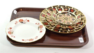 Lot 268 - Four Royal Crown Derby Imari plates and a Bali pattern plate (all seconds)