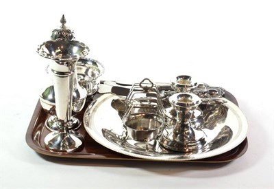 Lot 270 - A group of assorted silver including a caster; a toast rack; a bud vase; an Egyptian plate; and...