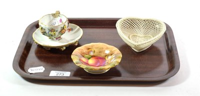 Lot 273 - A Meissen miniature cabinet cup and saucer (a.f.); with a Royal Worcester hand painted dish, signed