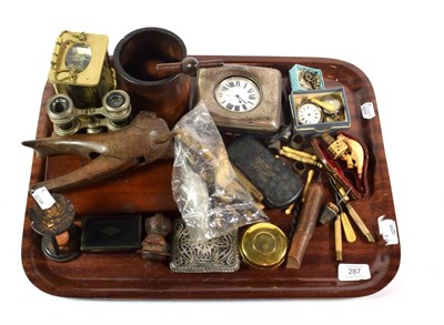 Lot 287 - Assorted collectables including carriage clock, silver case for pocket watch, nut crackers,...