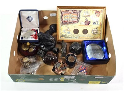 Lot 294 - Miscellaneous including an ornamental desk top pen holder with half crown 1948, shilling 1960...