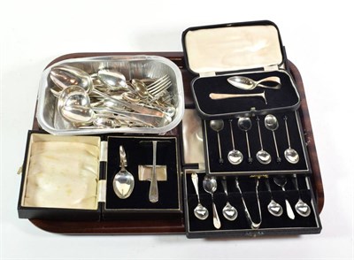 Lot 296 - A quantity of silver flatware, including: four bright-cut Old English pattern teaspoons,...