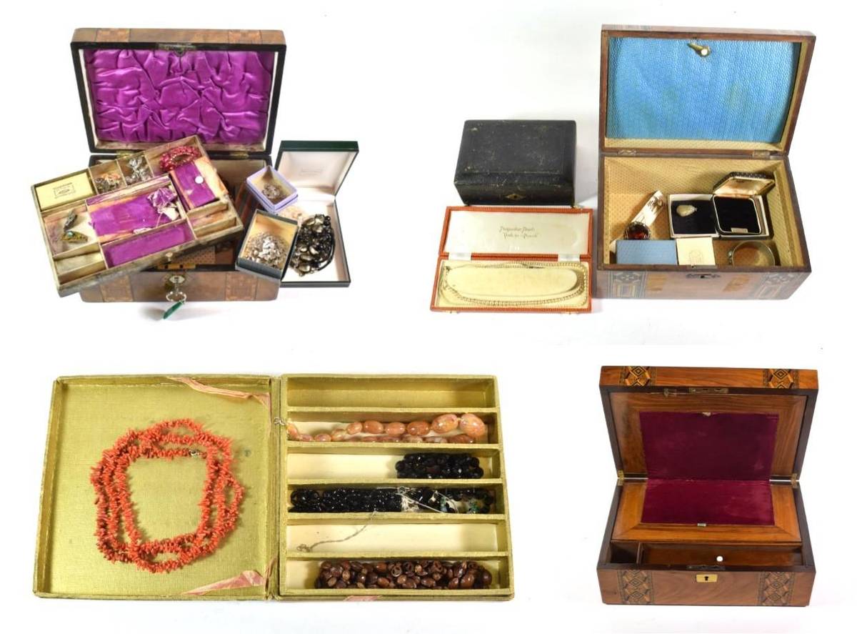 Lot 299 - A jewellery box; a writing slope; an inlaid box; and a sewing box with key and contents including a