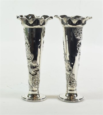 Lot 308 - A pair of Edward VII silver bud vases, by Sampson Mordan and Co., London, 1902, trumpet shaped...