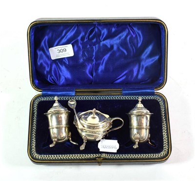 Lot 309 - A George V cased three-piece silver condiment-set, by Robert Fead Mosley, Sheffield, 1913,...