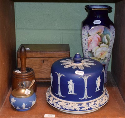 Lot 328 - A Jasperware blue and white cheese dome; a presentation mallet dated 1899; a tea caddy; a...