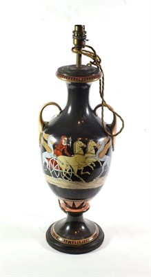 Lot 333 - A 19th century Staffordshire twin-handled vase converted into a lamp (adapted for electricity)