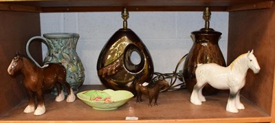 Lot 349 - Two Poole Pottery lustre table lamps; two Beswick shire horses and a pony; a Beswick jug and a...