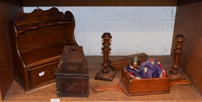 Lot 351 - Early 19th century Provincial candle box; pipe rack; turned oak candlesticks etc