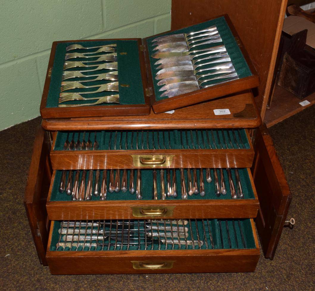 Lot 352 - An oak canteen of Sheffield plated cutlery, twelve settings, stamped EPNS A1; with original...