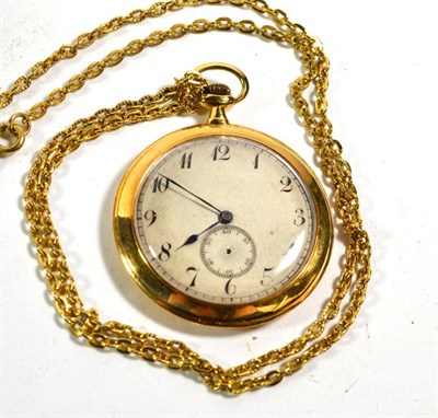 Lot 355 - An 18 carat gold open faced pocket watch, with attached yellow metal chain