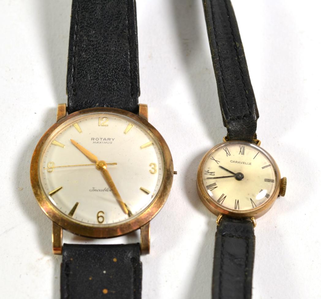 Lot 361 - A lady's 9 carat gold wristwatch, signed Caravelle and a gents 9 carat gold Rotary wristwatch