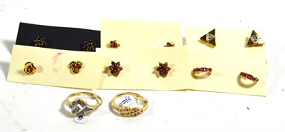 Lot 368 - Two 9 carat gold cubic zirconia rings, finger sizes L1/2 and N; a pair of unmarked cubic...