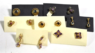 Lot 371 - A pair of 9 carat gold amethyst cluster stud earrings; a pair of 9 carat gold ruby stud...