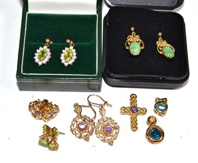 Lot 376 - Three 9 carat gold gem set pendants; together with a pair of 18 carat gold amethyst stud...