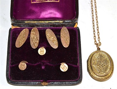 Lot 381 - A pair of gents 9 carat gold cufflinks and three matching 9 carat gold dress studs, cased; together
