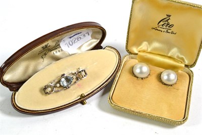 Lot 384 - An aquamarine and seed pearl brooch, length 4cm, cased by F R Turner & Son; and a pair of pearl...
