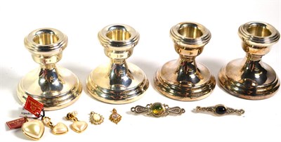 Lot 394 - Two sets of cased dwarf candlesticks; together with two silver brooches; a pair of Majorica...