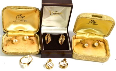 Lot 395 - Two pairs of cultured pearl earrings, with screw fittings, stamped '9CT'; a 9 carat gold...