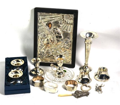 Lot 410 - A quantity of silver and metalwares, including a Greek icon depicting St George slaying the dragon