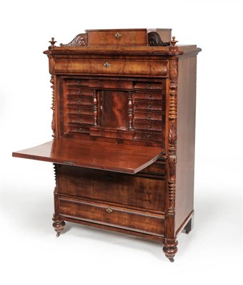 Lot 1630 - A Continental Mahogany Secretaire a Abbatant, mid 19th century, the staged top with concave...