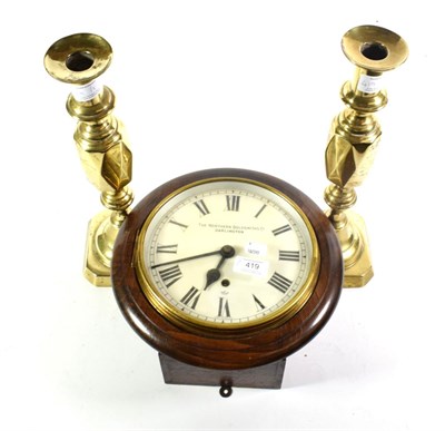 Lot 419 - A pair of Victorian brass candlesticks; and an Elliott wall clock for The Northern Goldsmiths...
