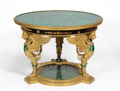 Lot 1631 - A Continental Renaissance Style Gilt and Malachite Veneered Centre Table, of recent date, the...