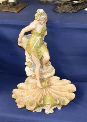 Lot 438 - A Royal Dux centrepiece figure, female bather stepping into giant clam shell, marked to base