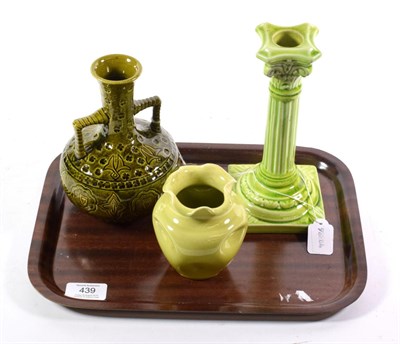 Lot 439 - A Burmantofts Faience pottery candlestick, lime glaze, impressed factory mark and 1198, 21cm; a...
