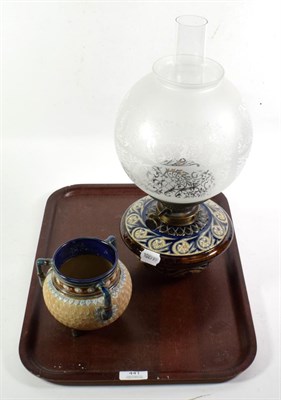 Lot 441 - Royal Doulton stoneware table oil lamp, with glass reservoir and shade; together with a footed bowl