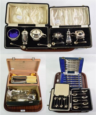 Lot 445 - A quantity of cased silver and silver-plate including: a George V silver condiment-set, by...