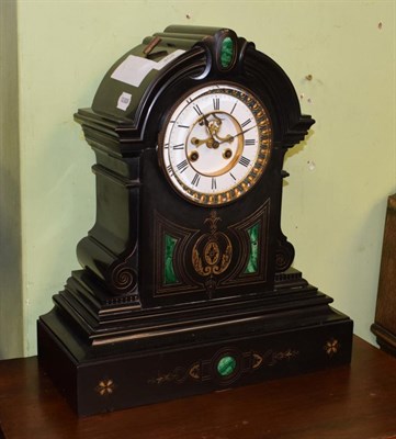 Lot 458 - A Victorian black slate and malachite set striking mantel clock, enamel dial with recessed...