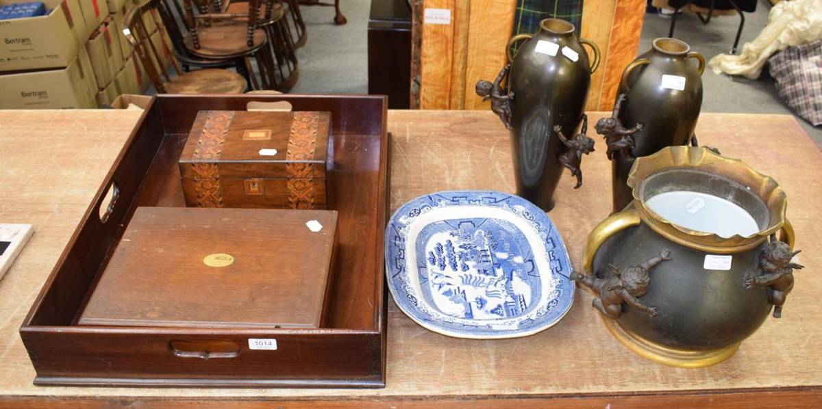 Lot 1014 - A mahogany butlers tray; a Tunbridge ware box; a canteen; three patinated metal vases etc