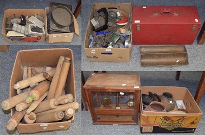 Lot 1030 - Chemical balance scales in a mahogany and glazed case, four boxes of kitchenalia and a picnic...