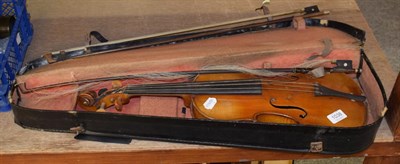 Lot 1038 - A violin and two bows (cased)