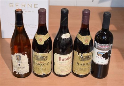 Lot 1060 - Italian wine comprising: 1x 1978 Villadoria Barolo, 1x 2001 Vitia Falesco, 1x 1974 Kiola Barolo, 1x