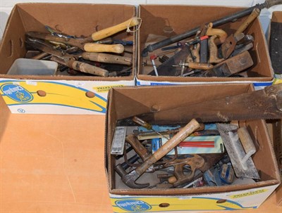 Lot 1076 - Three boxes containing an assortment of tools including planes, saws, spanners etc